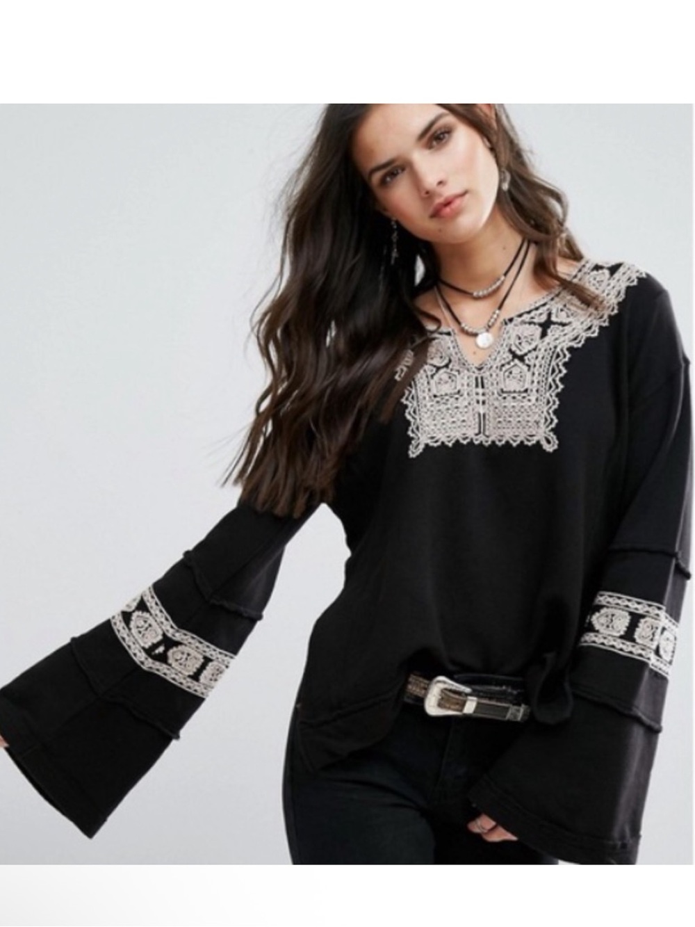 Free People Santa Maria Black Oversized Knit Top Embroidered Size XS Boho